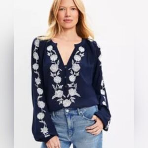 LOFT Dark Blue Blouse with White Floral Design